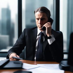 An investment banker in a sleek, modern office with dark decor, including black furniture and dim lighting