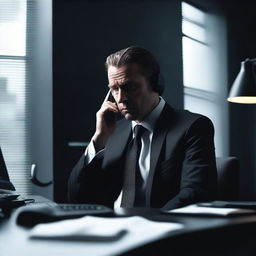 An investment banker in a sleek, modern office with extremely dark decor, including black furniture, walls, and minimal lighting