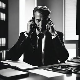 An investment banker in a sleek, modern office with extremely dark decor, including black furniture, walls, and minimal lighting