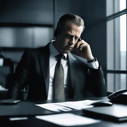 An investment banker in a sleek, modern office with extremely dark decor, including black furniture, walls, and minimal lighting