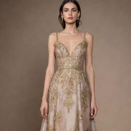 A haute couture, luxurious long dress, manifested from a fabric that boasts metallic and gold applications reminiscent of mineral stones.