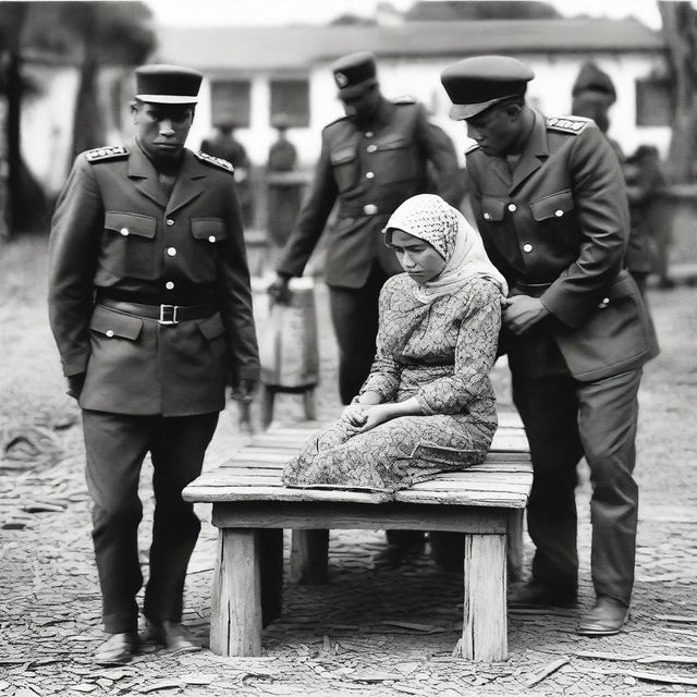 An Acehnese man and woman are tied to a wooden bench by Indonesian soldiers