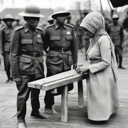 An Acehnese man and woman are tied to a wooden bench by Indonesian soldiers