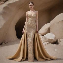 A haute couture dress with a design that encompasses the essence of mineral stones and gold, set against a backdrop of a mineral stone and gold mine.