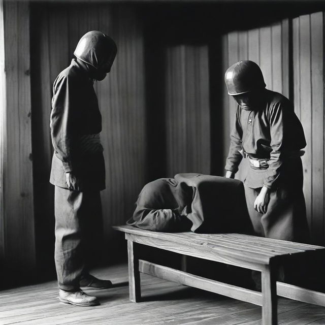 An Acehnese man and woman are tied to a wooden bench in a torture room by Indonesian soldiers wearing helmets