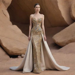 A haute couture dress with a design that encompasses the essence of mineral stones and gold, set against a backdrop of a mineral stone and gold mine.