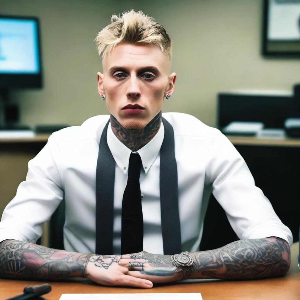 Machine Gun Kelly dressed as an office worker in a corporate setting