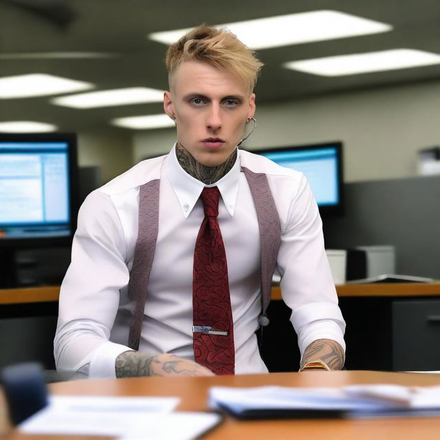 Machine Gun Kelly dressed as an office worker in a corporate setting