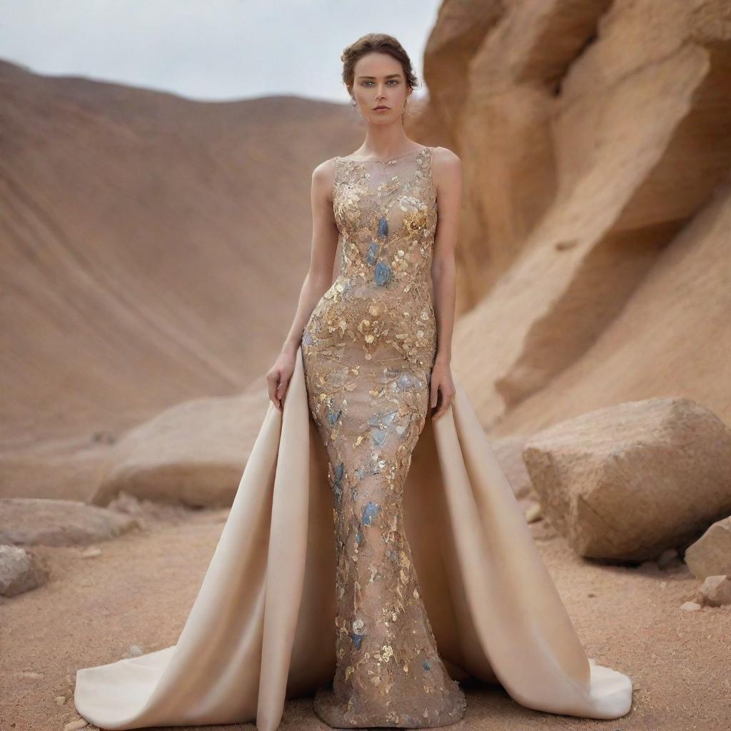 A haute couture dress with a design that encompasses the essence of mineral stones and gold, set against a backdrop of a mineral stone and gold mine.