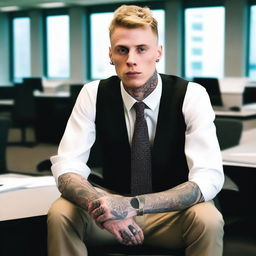 Machine Gun Kelly dressed as an office worker in a corporate setting