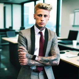 Machine Gun Kelly dressed as an office worker in a corporate setting