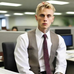 Machine Gun Kelly as an office worker, but without his tattoos and with grey hair