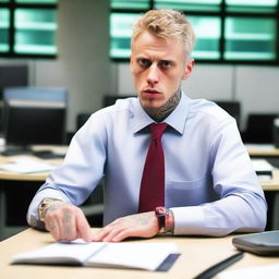 Machine Gun Kelly as an office worker, but without his tattoos and with grey hair