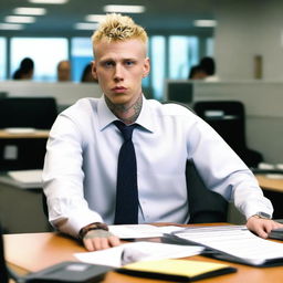 Machine Gun Kelly as an office worker, but without his tattoos and with grey hair