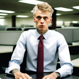 Machine Gun Kelly as an office worker, but without his tattoos and with grey hair