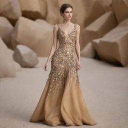 A haute couture dress with a design that encompasses the essence of mineral stones and gold, set against a backdrop of a mineral stone and gold mine.