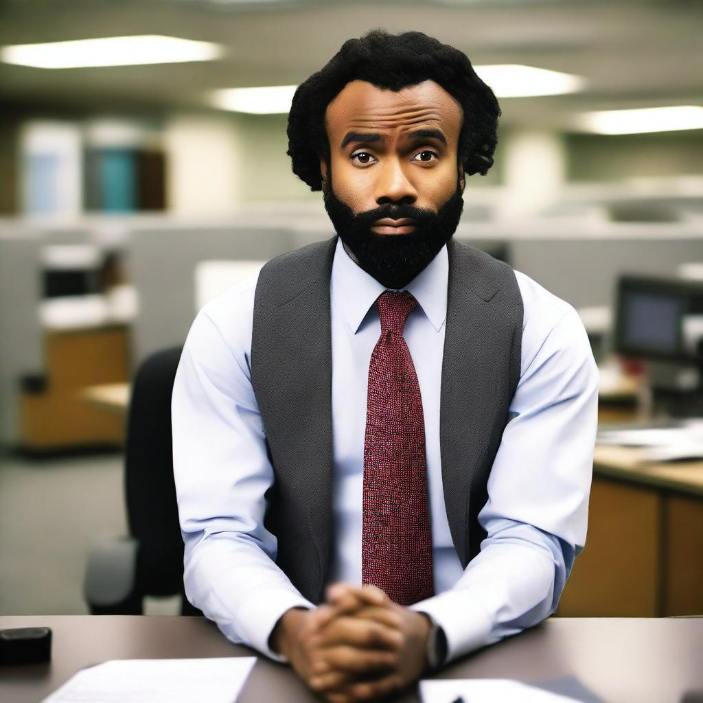 Donald Glover dressed as an office worker in a corporate setting