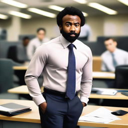 Donald Glover dressed as an office worker in a corporate setting