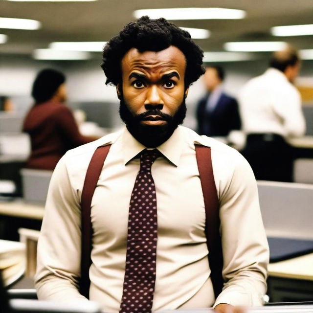 Donald Glover dressed as an office worker in a corporate setting