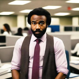 Donald Glover dressed as an office worker in a corporate setting