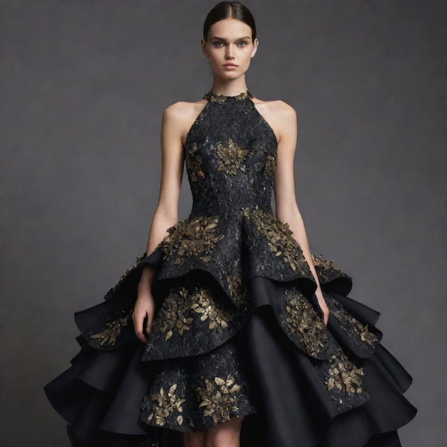 A haute couture dress layered in metallic and gold applications. Balancing luxury with nature, the dress design is inspired by the dark shimmer of obsidian mineral stones.