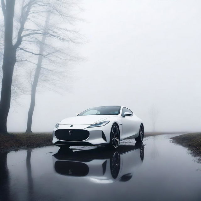 A glossy white car with a sleek design, parked in a foggy background