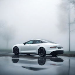 A glossy white car with a sleek design, parked in a foggy background