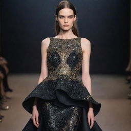 A haute couture dress layered in metallic and gold applications. Balancing luxury with nature, the dress design is inspired by the dark shimmer of obsidian mineral stones.