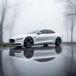 A glossy white car with a sleek design, parked in a foggy background