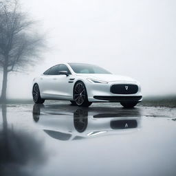 A glossy white car with a sleek design, parked in a foggy background