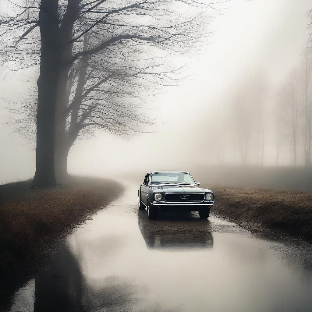 A classic Mustang car parked on a foggy road with a river flowing nearby