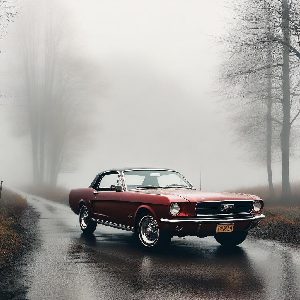A classic Mustang car parked on a foggy road with a river flowing nearby