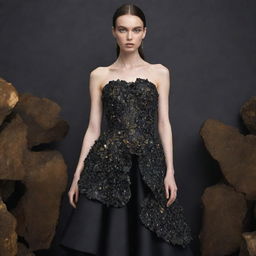 A haute couture dress layered in metallic and gold applications. Balancing luxury with nature, the dress design is inspired by the dark shimmer of obsidian mineral stones.