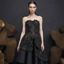 A haute couture dress layered in metallic and gold applications. Balancing luxury with nature, the dress design is inspired by the dark shimmer of obsidian mineral stones.