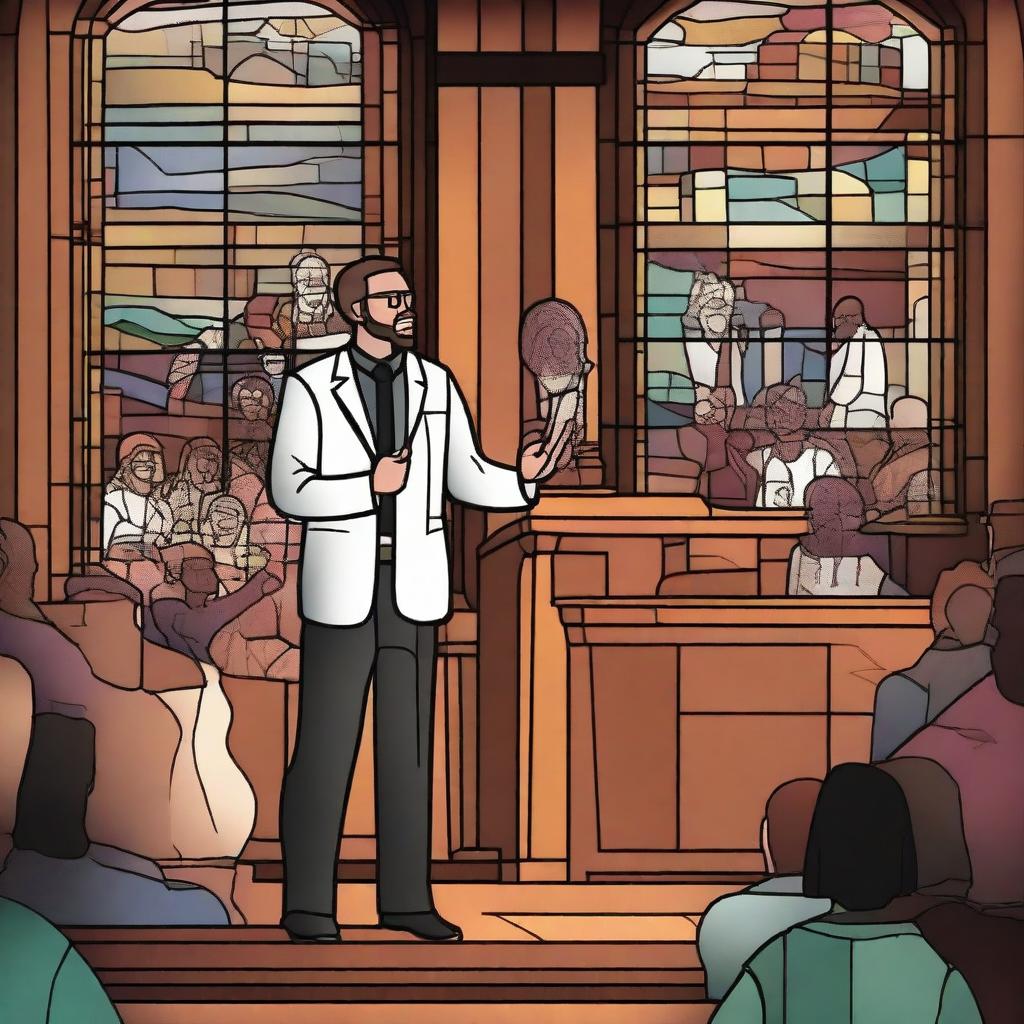 A motivational Christian preaching scene featuring a pastor passionately delivering a sermon to an engaged congregation