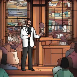 A motivational Christian preaching scene featuring a pastor passionately delivering a sermon to an engaged congregation