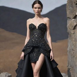 A haute couture dress layered in metallic and gold applications. Balancing luxury with nature, the dress design is inspired by the dark shimmer of obsidian mineral stones.