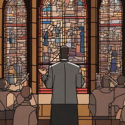 A motivational Christian preaching scene featuring a pastor passionately delivering a sermon to an engaged congregation