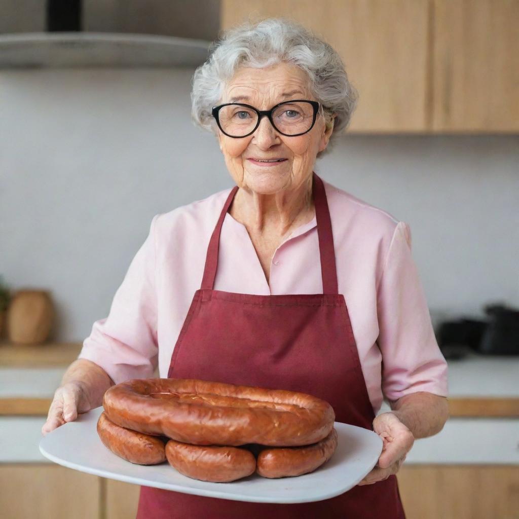 An endearing elderly woman with glasses and a kitchen apron holding a unique cake made with large sausages which she just prepared.