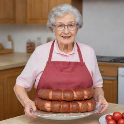 An endearing elderly woman with glasses and a kitchen apron holding a unique cake made with large sausages which she just prepared.