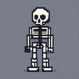 A pixel art depiction of a skeleton, featuring simple and blocky design elements with a retro video game aesthetic