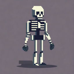 A pixel art depiction of a skeleton, featuring simple and blocky design elements with a retro video game aesthetic