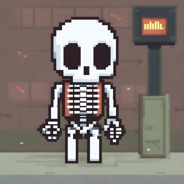 A pixel art depiction of a skeleton, featuring simple and blocky design elements with a retro video game aesthetic