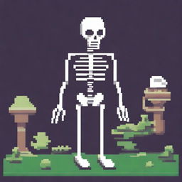 A pixel art depiction of a skeleton, featuring simple and blocky design elements with a retro video game aesthetic