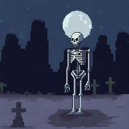 A pixel art skeleton standing in a dark, eerie environment