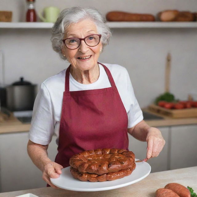 An endearing elderly woman with glasses and a kitchen apron holding a unique cake made with large sausages which she just prepared.