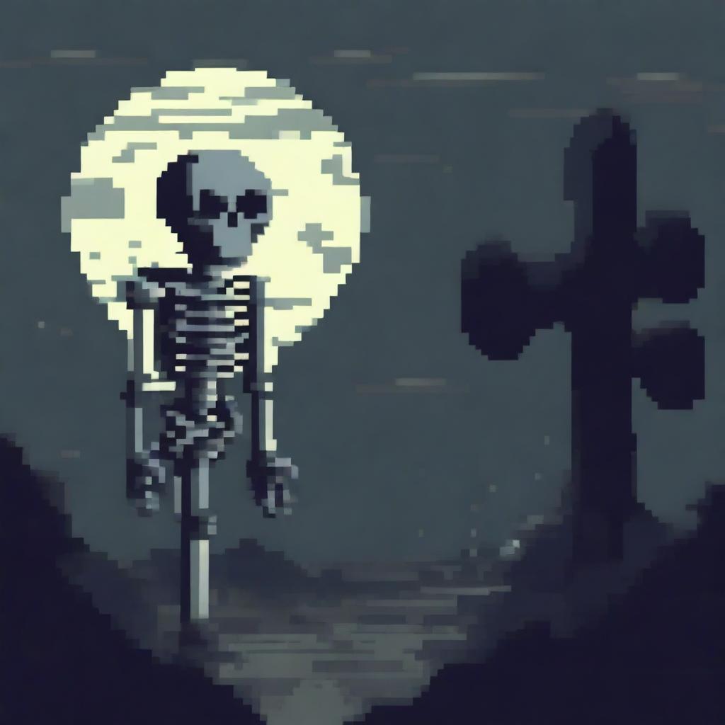 A pixel art skeleton standing in a dark, eerie environment