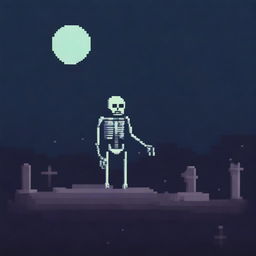 A pixel art skeleton standing in a dark, eerie environment