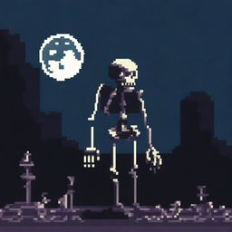 A pixel art skeleton standing in a dark, eerie environment