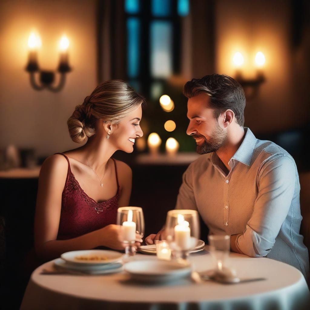 A romantic couple is having dinner together in a cozy, candle-lit restaurant